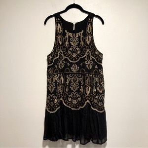 Free People Black with Gold Embroidery Flowy Mini Dress, Size Medium